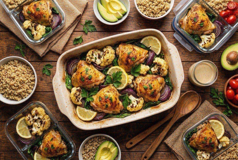 Golden turmeric-roasted chicken thighs and cauliflower florets with a bowl of white tzatziki on the side