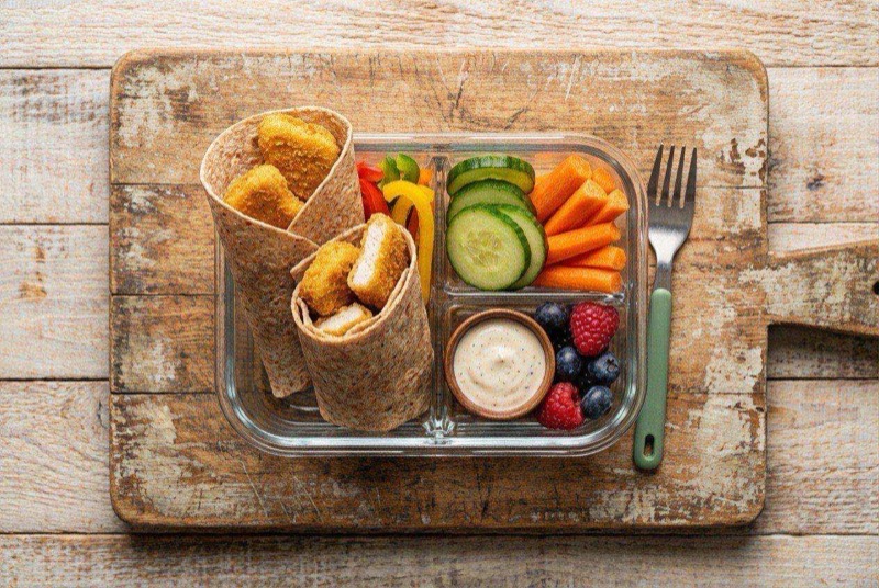 Whole wheat wrap cut in half showing golden chicken nuggets, melted cheese, and lettuce inside