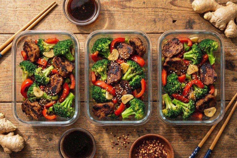 Glossy stir-fried seitan strips and bright green broccoli florets in a savory garlic sauce