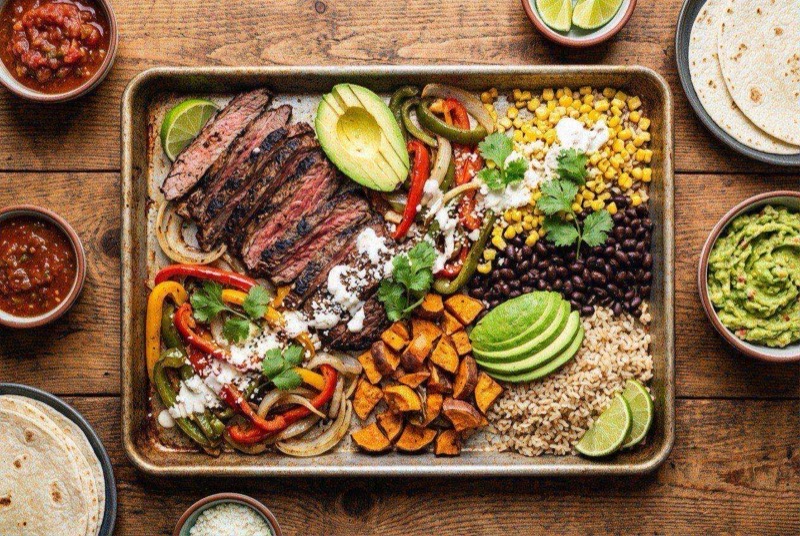 Sheet pan steak fajita bowl with charred peppers and onions over cilantro-lime rice