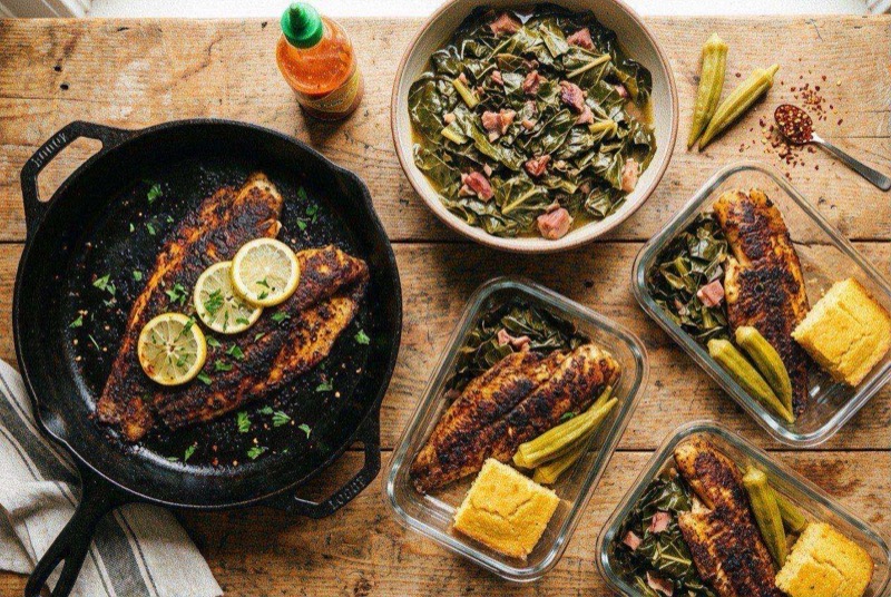 Blackened catfish fillet with dark spice crust served on a bed of braised collard greens
