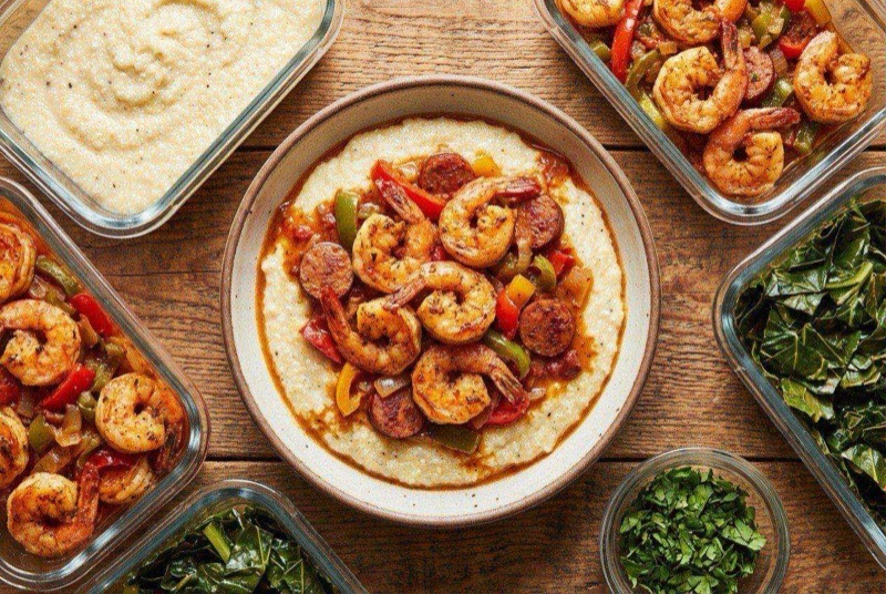 Creamy cheese grits topped with seasoned shrimp and crispy turkey bacon in a rustic bowl