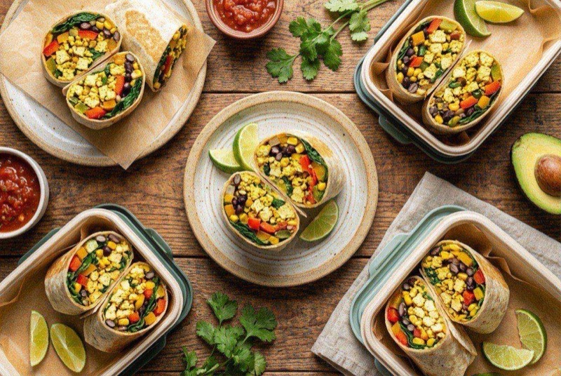 Row of freezer-ready breakfast burritos wrapped in foil with one cut open showing tofu scramble and black bean filling
