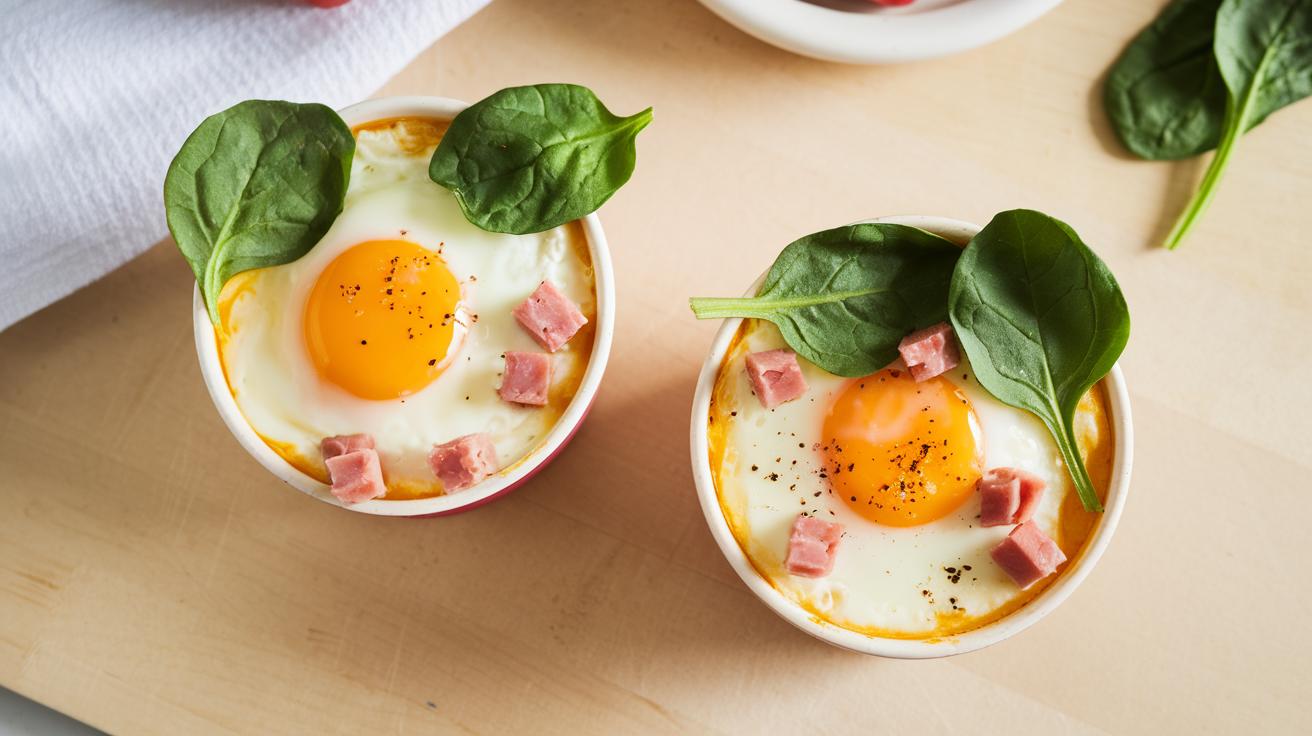A microwave-safe mug filled with fluffy scrambled eggs, diced peppers, ham, and melted cheddar cheese