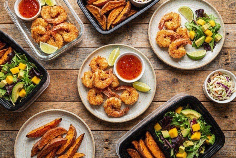 Plate of golden coconut-crusted shrimp with white jasmine rice, steamed broccoli, and a small dish of sweet chili sauce