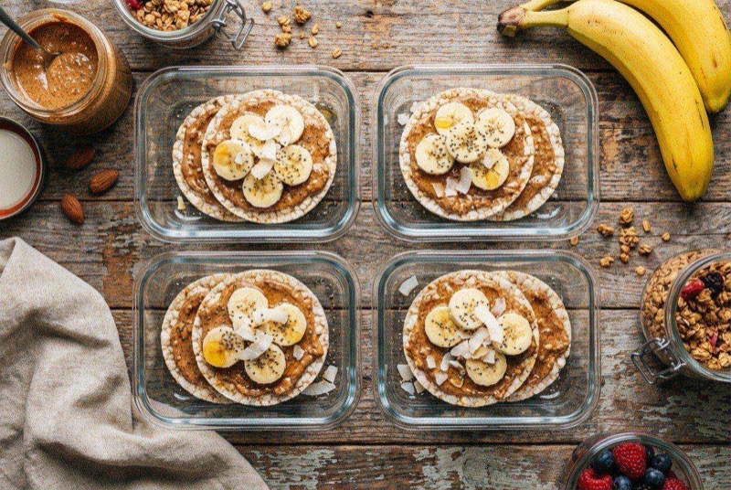 Snack pack with two rice cakes, a small container of almond butter, banana coins, and a drizzle of honey arranged neatly