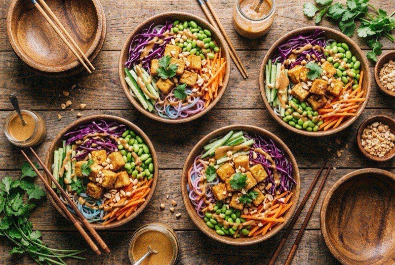 Bowl of rice noodles in creamy peanut sauce topped with golden baked tofu cubes, purple cabbage, orange carrot strips, and sesame seeds