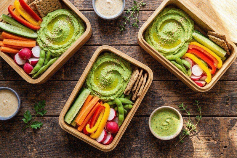 Five compartmented snack boxes with bright green edamame hummus, carrot sticks, sugar snap peas, cherry tomatoes, crackers, and olives