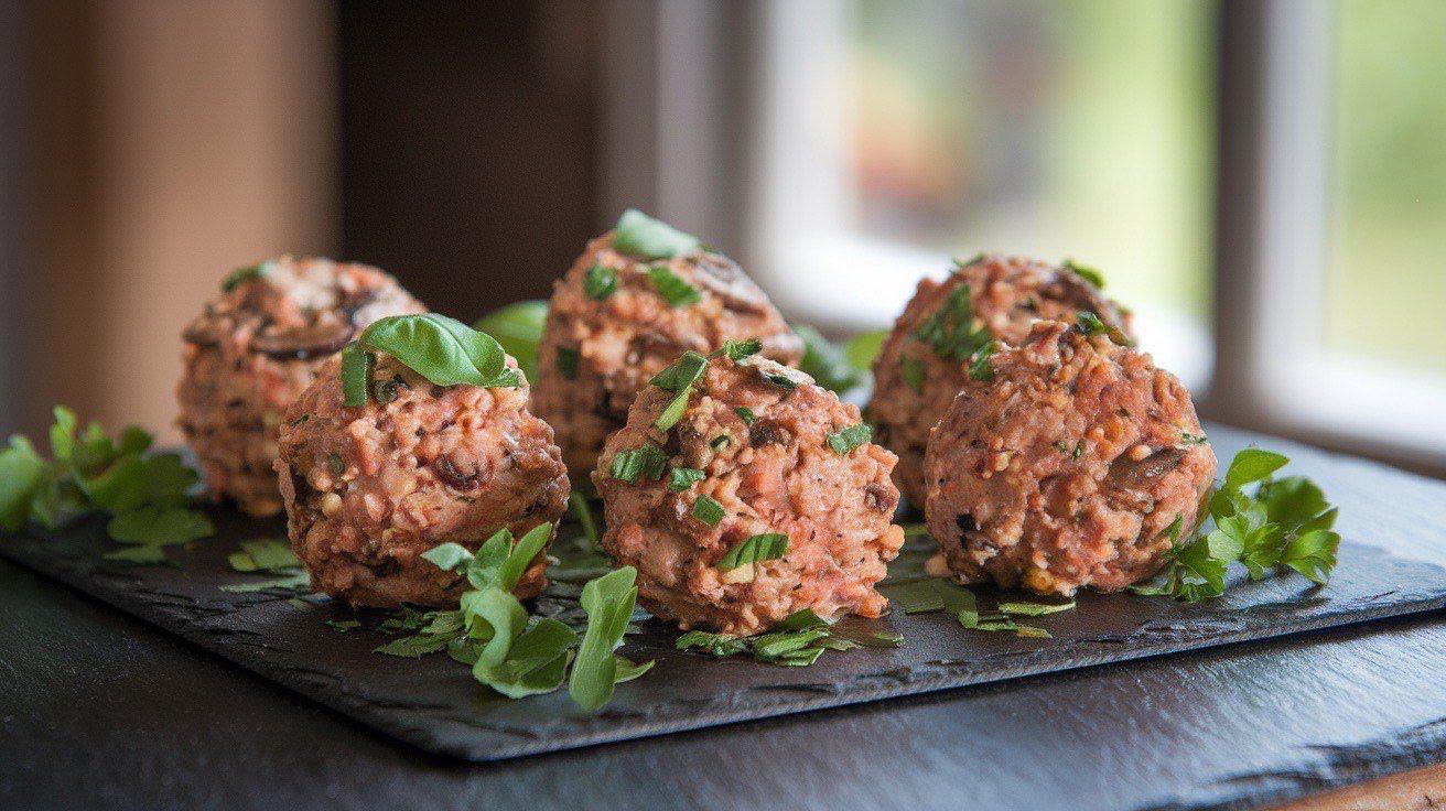 Golden turkey meatballs in a light marinara sauce served over whole wheat pasta, garnished with fresh basil leaves