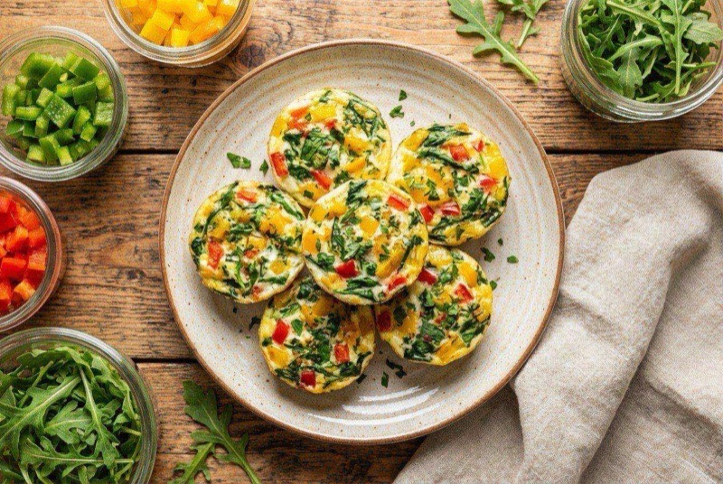White egg white bites studded with colorful diced peppers, spinach, and a light cheese topping in a silicone muffin mold