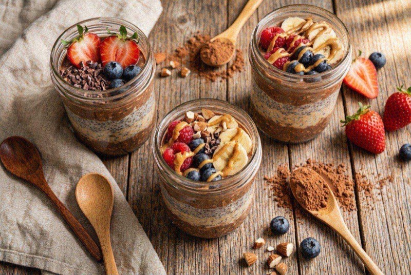 Five mason jars of dark chocolate overnight oats topped with banana slices and cacao nibs, lined up on a marble counter