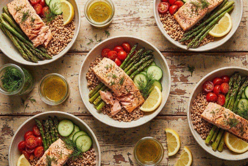 Four meal prep containers with lemon-dill baked salmon fillets, farro, and roasted asparagus spears with fresh dill garnish