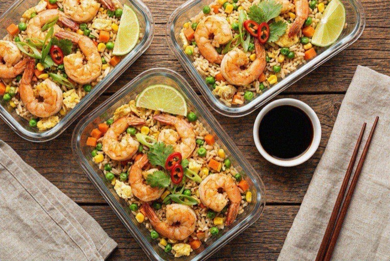 Shrimp fried rice with pink shrimp, scrambled egg pieces, peas, and carrots in a meal prep container with chopsticks