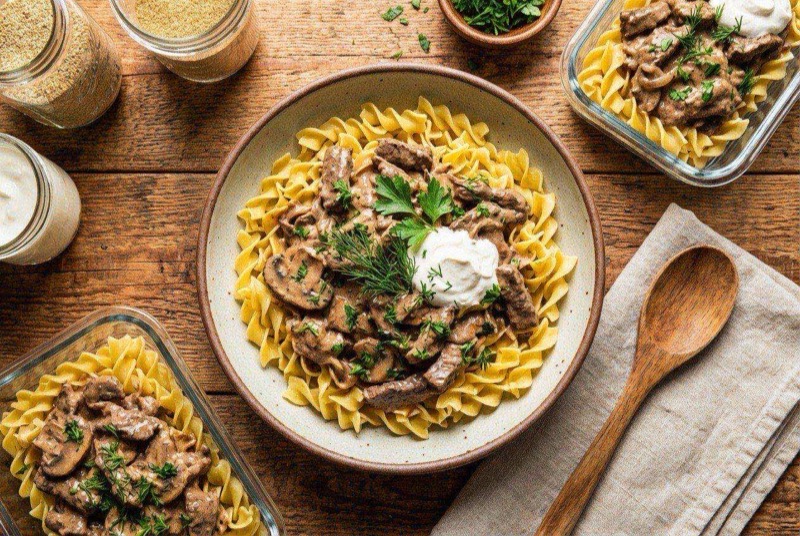 Bowl of creamy beef stroganoff with tender beef chunks and sliced mushrooms over egg noodles garnished with parsley