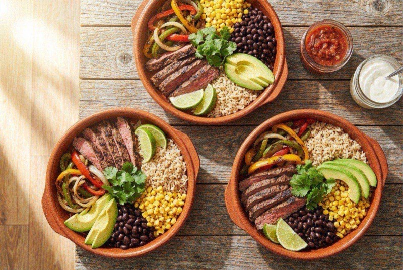 Meal prep bowl with thinly sliced grilled steak, charred peppers and onions, and fluffy cilantro-lime rice