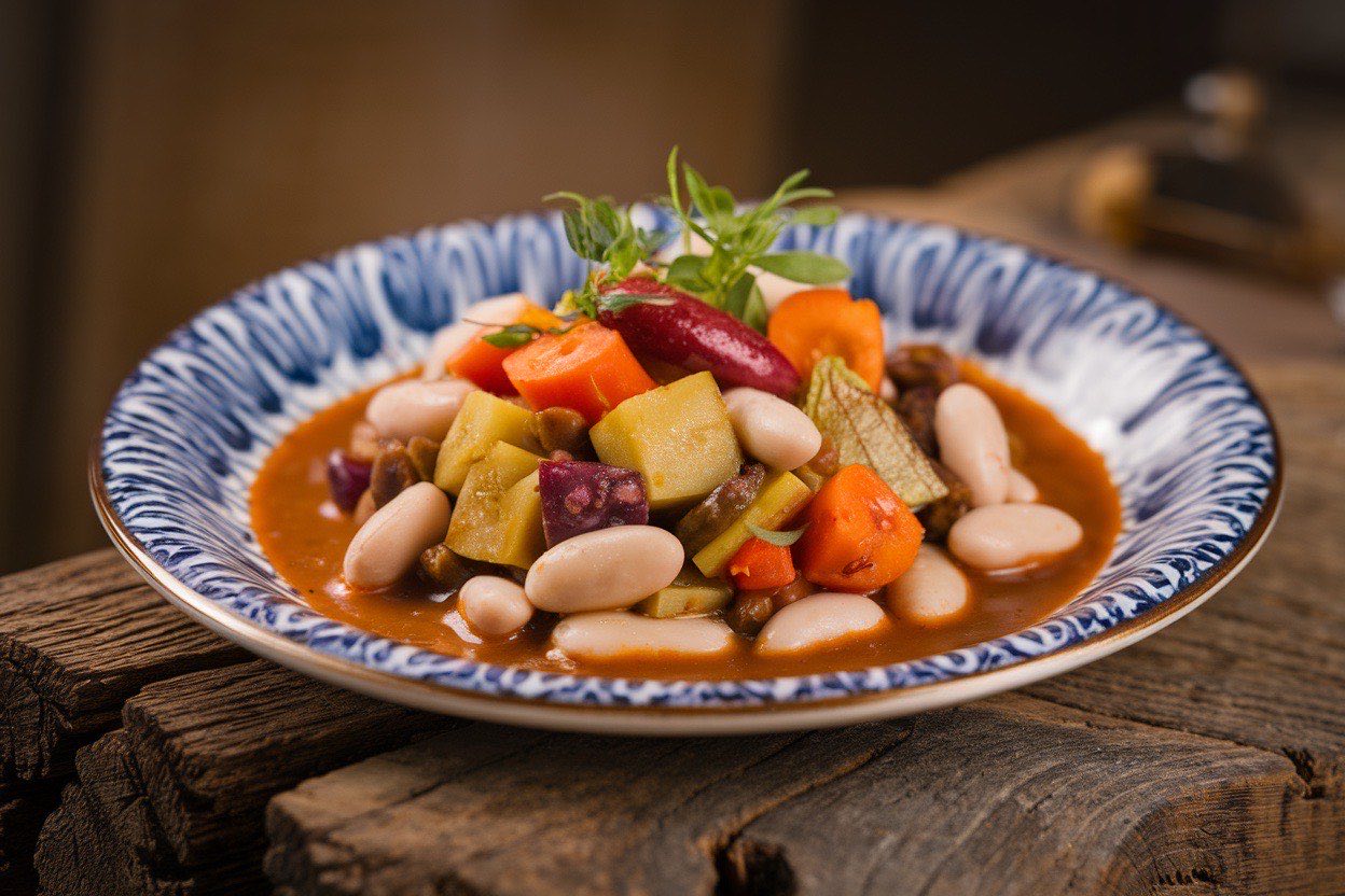 Steaming bowl of white bean stew with chunks of potato and wilted kale in a rustic ceramic bowl