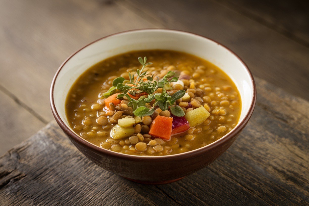 Steaming bowl of rustic green lentil soup with chunks of carrot and a squeeze of lemon on the side
