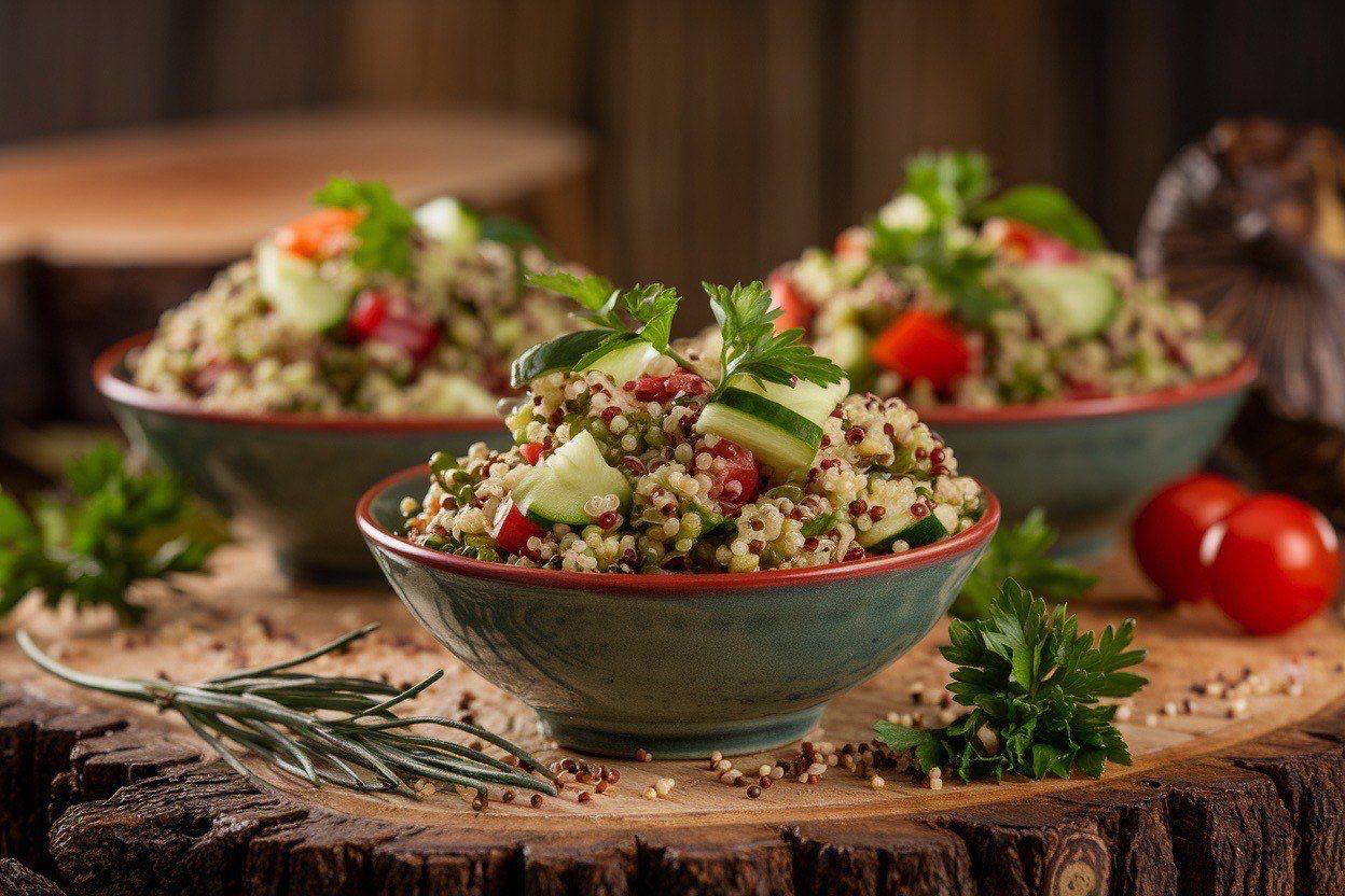 Vibrant quinoa tabbouleh bowl filled with fresh parsley, diced tomatoes, cucumber, and a lemon wedge