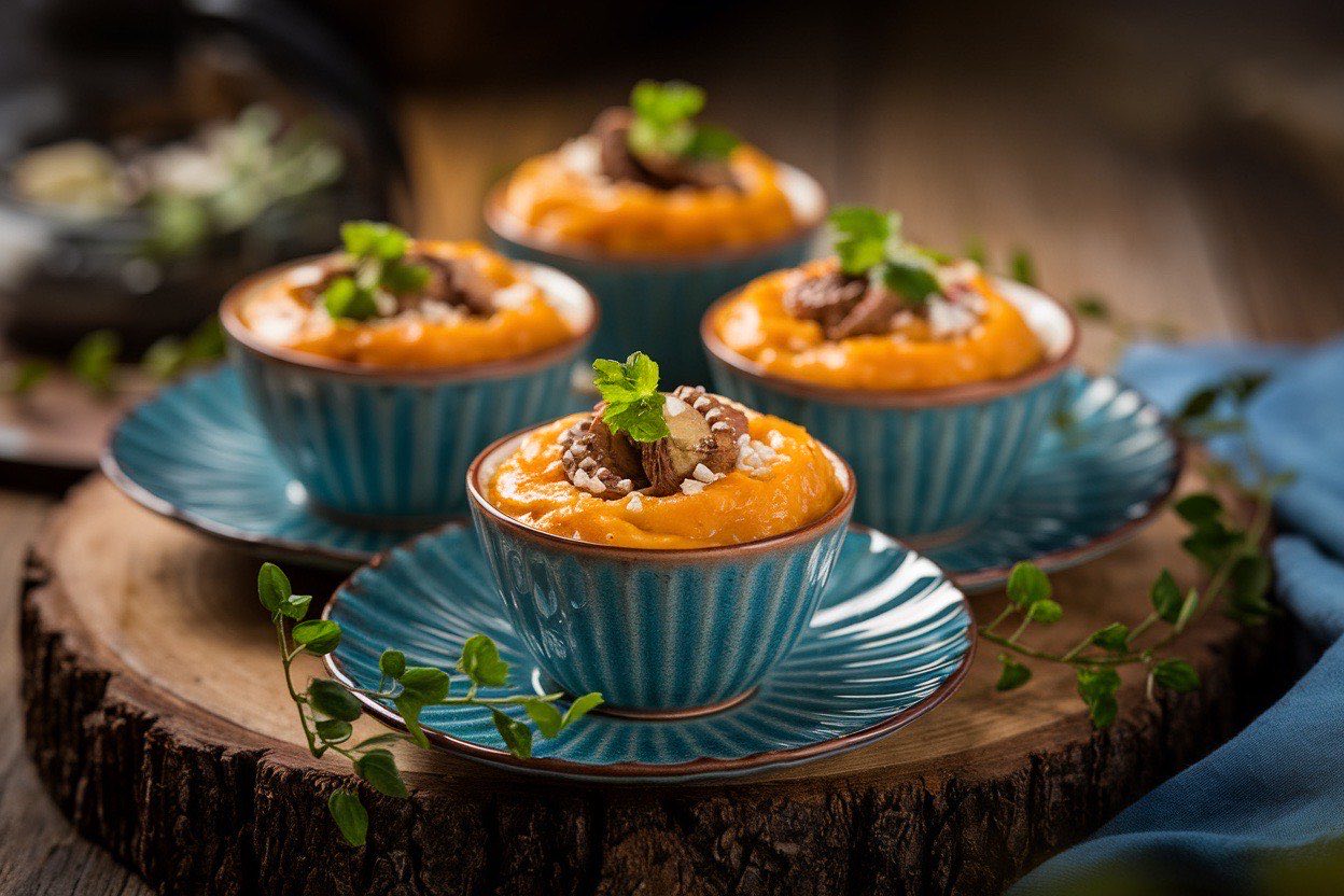 Creamy orange sweet potato porridge in a white bowl topped with pumpkin seeds and a dusting of cinnamon