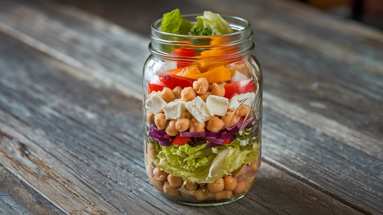 Five mason jar salads layered with Greek dressing, colorful vegetables, chickpeas, feta cheese, and crisp romaine lettuce