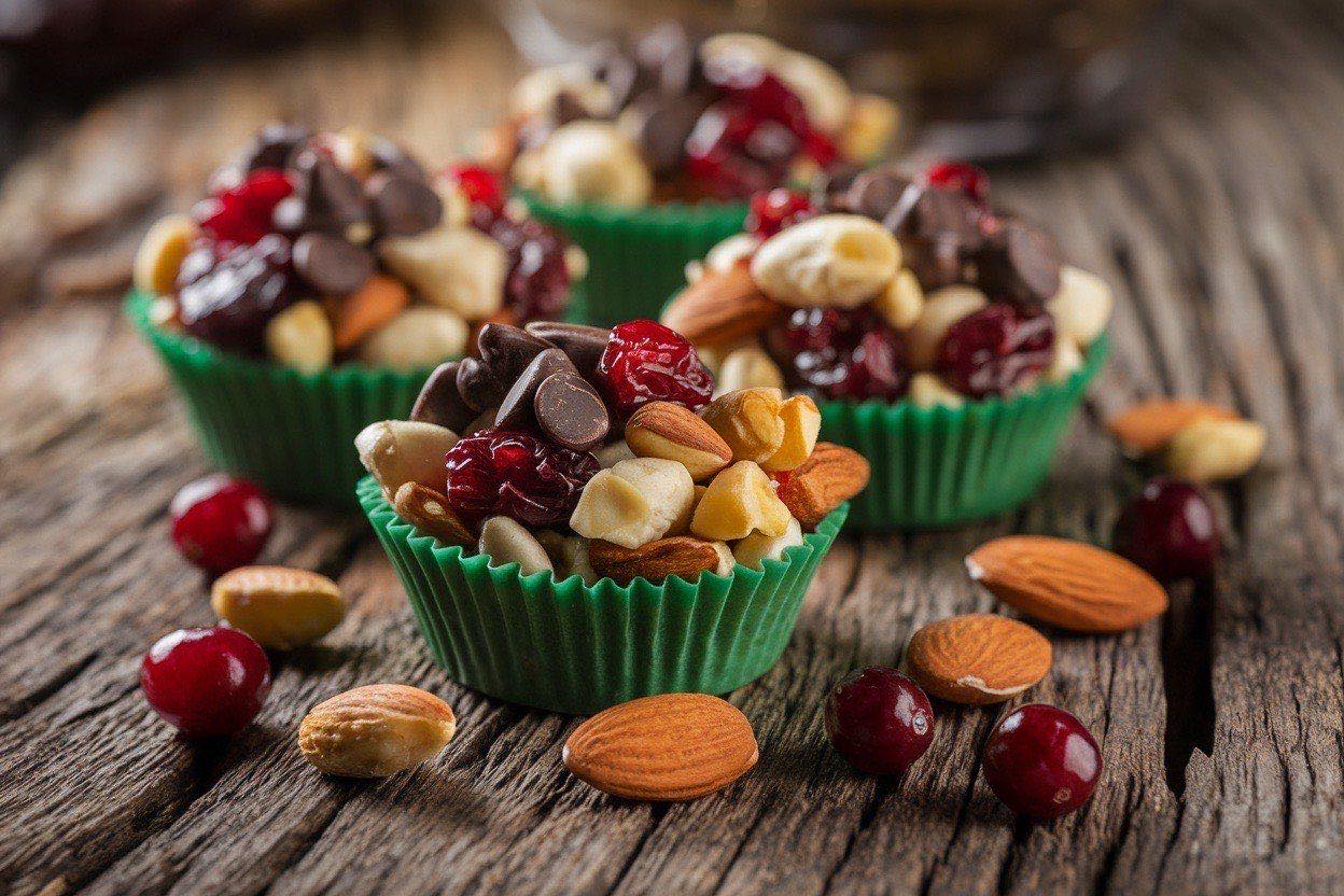 Small cups of colorful trail mix with almonds, chocolate chips, cranberries, and pumpkin seeds