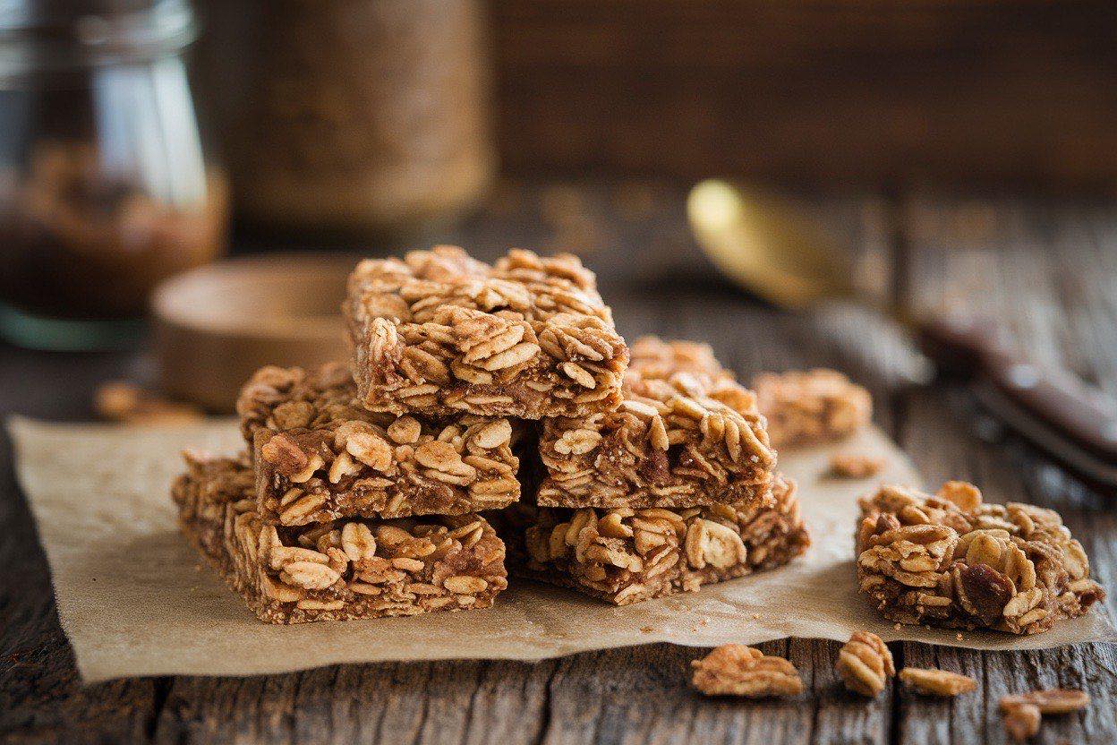 Stack of chewy homemade granola bars showing oats, nuts, and chocolate chips