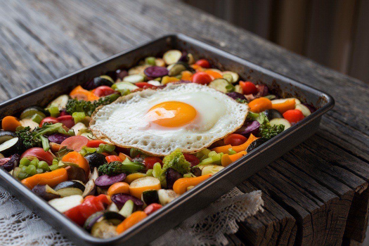 Golden sheet pan egg bake sliced into squares showing colorful bell peppers and spinach throughout